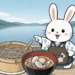 白うさぎが宍道湖しじみだし出雲そばとしじみ味噌汁を提供するイラスト