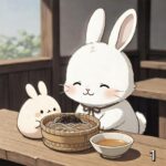 白うさぎがあごだし出雲そばを見つめるマンガ 出雲そばに興味津々