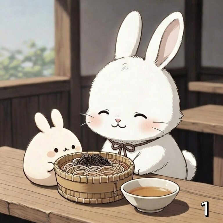 白うさぎがあごだし出雲そばを見つめるマンガ 出雲そばに興味津々