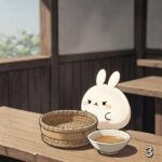 白うさぎがあごだし出雲そばを食べ終えて満足するマンガ 完食