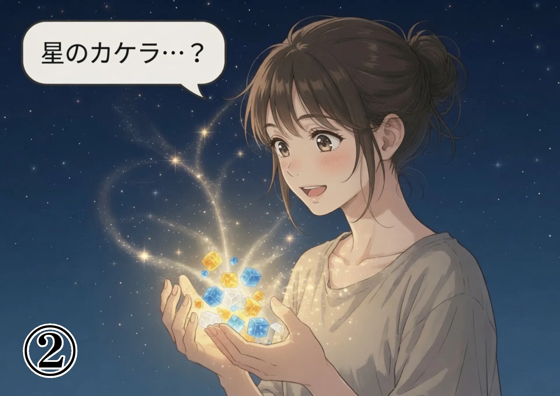 輝く「星のカケラ(こはく寒天)」を手に持ち、不思議そうに見つめる女性のイラスト。星取県の手土産スイーツ。
