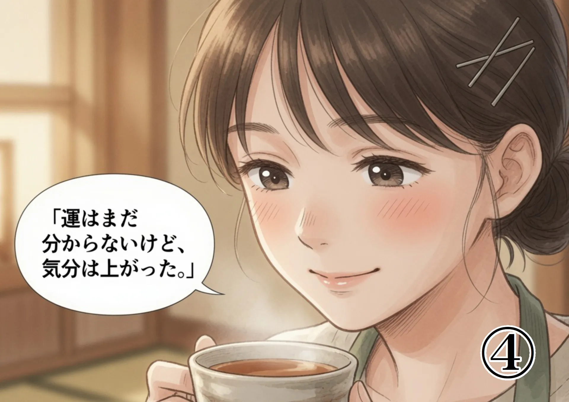 お茶を飲んで気分が上がっている女性。開運くず餅でポジティブになった幸せな漫画の結び。