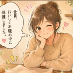 お腹いっぱいになった女性がカメラ目線で「全員、おいしくお腹の中に保護しました。」と微笑むイラスト。