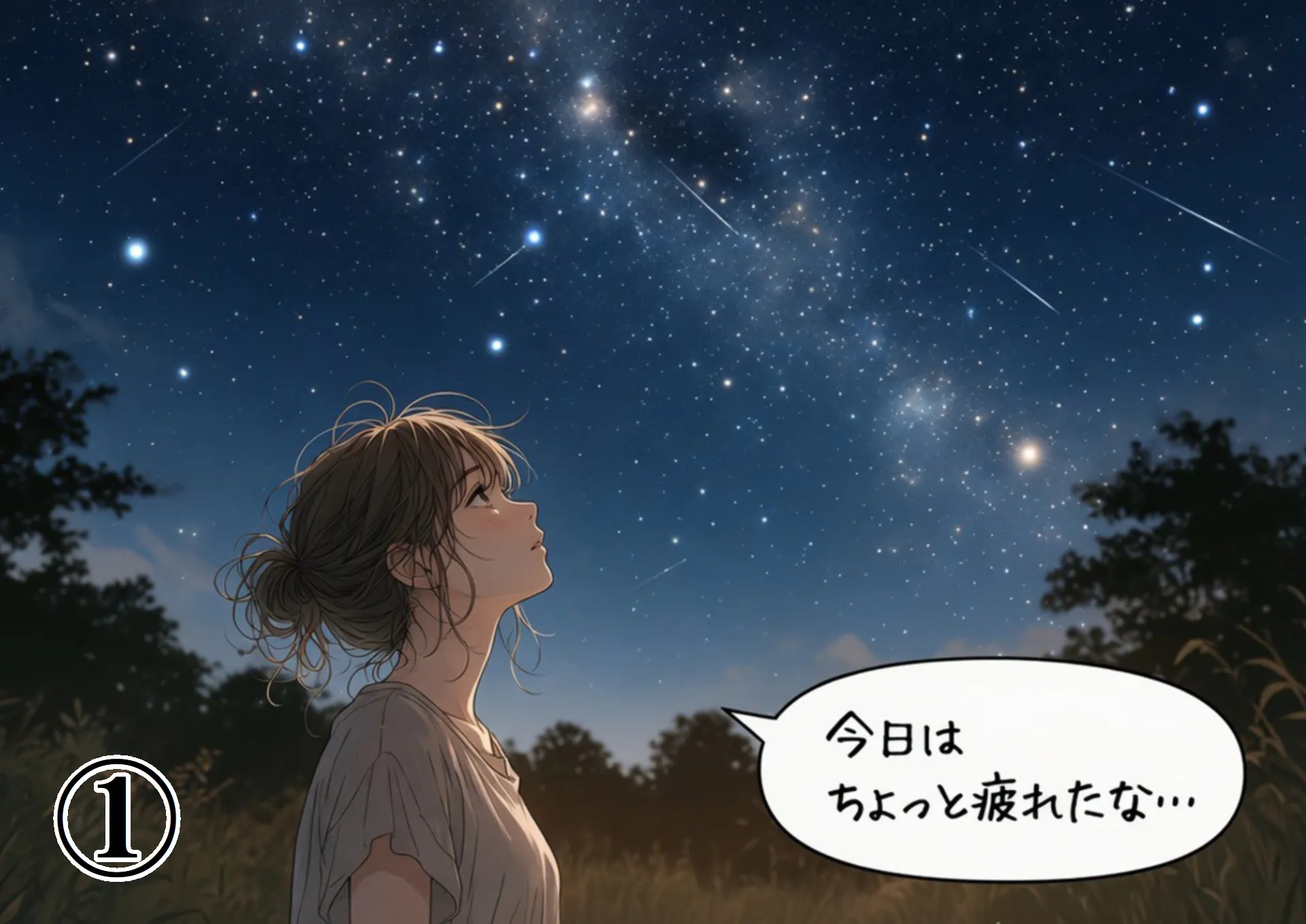 夜空を見上げて少し疲れた表情をしている女性のイラスト。日常の癒やしを求めるストーリーの始まり。