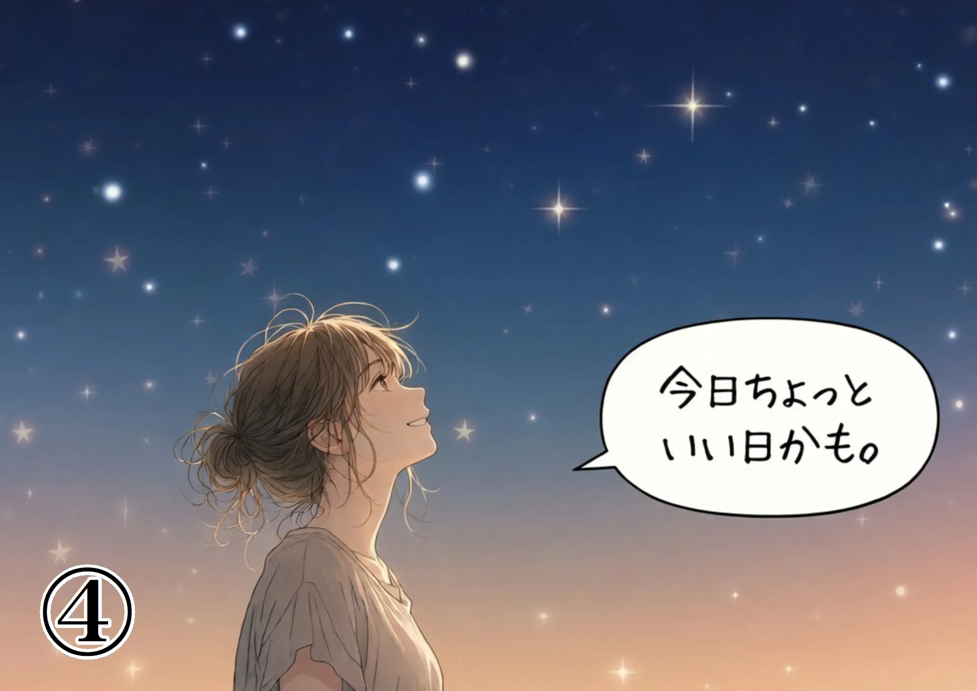 夜空を見上げて、お菓子を食べて前向きな気持ちになった女性のイラスト。星のカケラで幸せな気分になった漫画の結び。