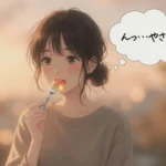 いちじく玉ゼリーを食べて「んっやさしい味」と微笑む女性。寒天ゼリーの優しい風味に癒やされる様子。