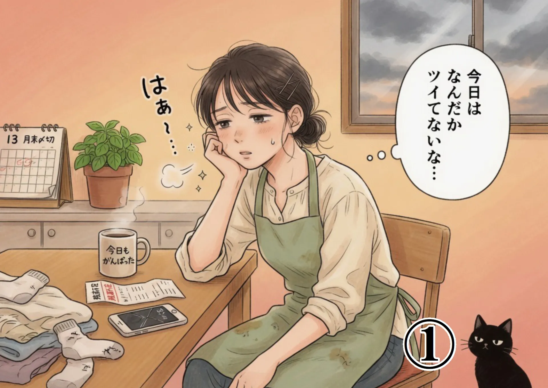日常のちょっとした落ち込みを感じている女性のイラスト。開運のヒントを待つストーリーの始まり。