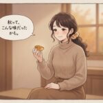 スイートポテトたるとを食べながら「秋ってこんな味だったかも」と笑顔で喋る女性のイラスト。