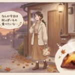 「なんか秋っぽいもの食べたいな」とつぶやく女性のイラスト。秋のスイーツを求めるストーリーの始まり。